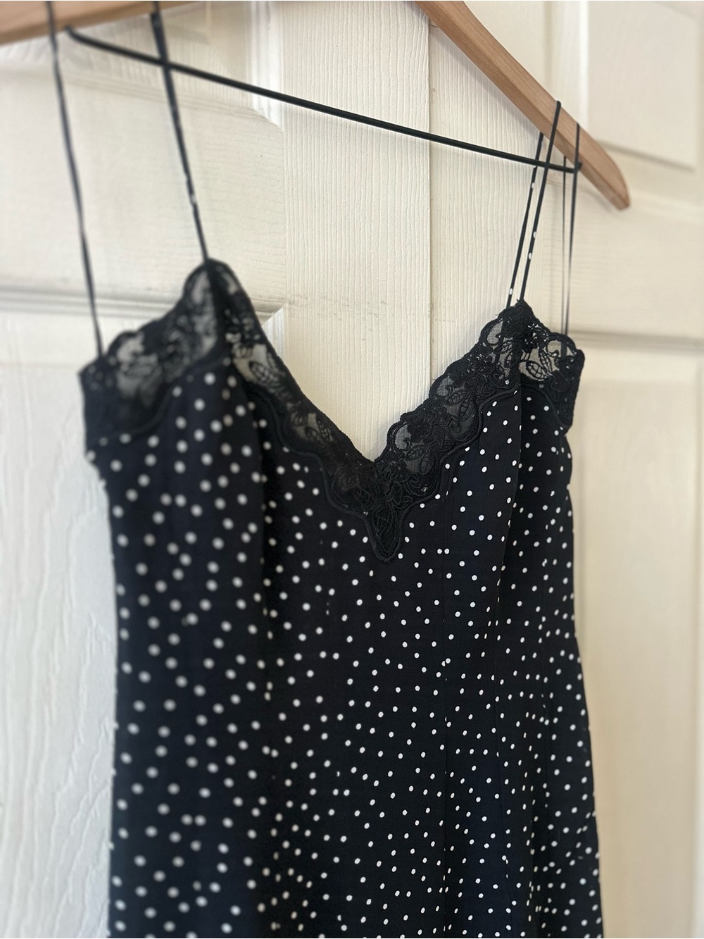 Reformation Black with White Polka Dots Lace-Trim Midi Slip Dress w/Split Sz 4 - Picture 11 of 15